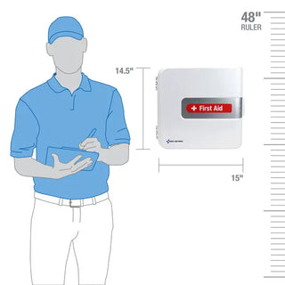 Measurement chart showing a person wearing a blue shirt and cap, holding a first aid kit, and a 48-inch ruler.