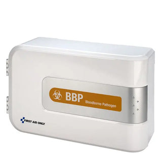 White and silver first aid device with 'BBP' label on a white background
