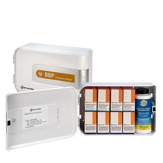 Bloodborne Pathogen kit with components on a white background