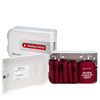 First Aid Only bleeding control kit with red bag and white box on a white background