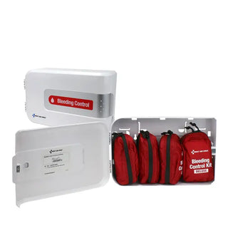 Bleeding control kit with red bags and white wall mount on a white background