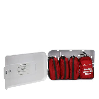 Red bleeding control kit with compartments on a white background