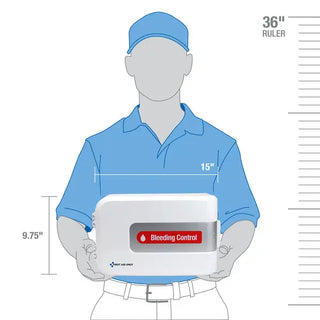 Measurement chart showing a person holding a bleeding control device with dimensions.