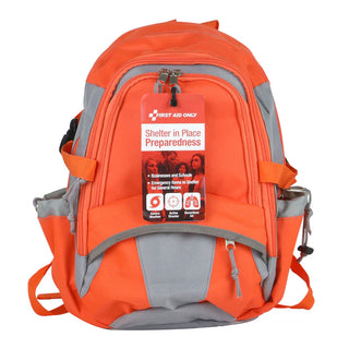 Orange and gray backpack with a 'First Aid Only' label on a white background