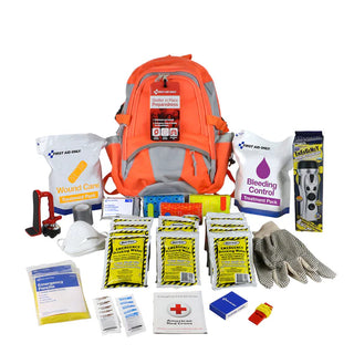 First aid kit with various supplies including a backpack on a white background