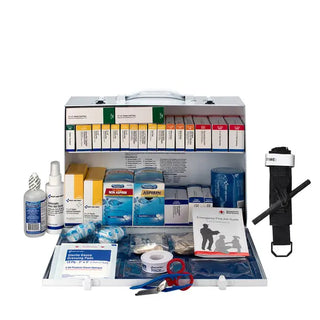First aid kit with various supplies on a white background