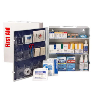 Open first aid kit with various supplies on a white background