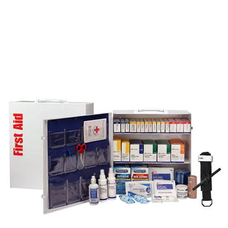 Open first aid kit with various supplies on a white background