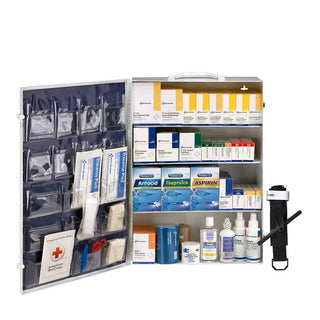 Open first aid kit with various medical supplies on a white background