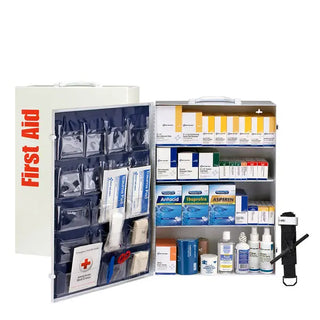Open first aid kit with various medical supplies on a white background