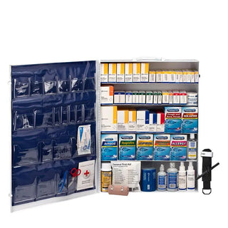 Open first aid kit with various medications and supplies on a white background