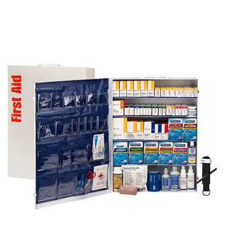 Open first aid cabinet with various medical supplies on a white background