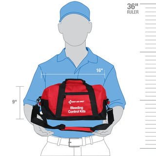 Red bleeding control kit bag with measurements on a mannequin against a white background
