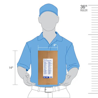 Mannequin wearing a blue shirt holding a brown bag with dimensions displayed