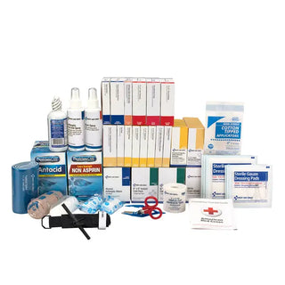 Assorted medical supplies including bottles, boxes, and bandages on a white background