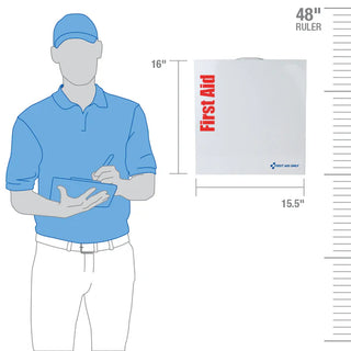 Measurement chart showing a person holding a first aid kit and a first aid blanket with dimensions.