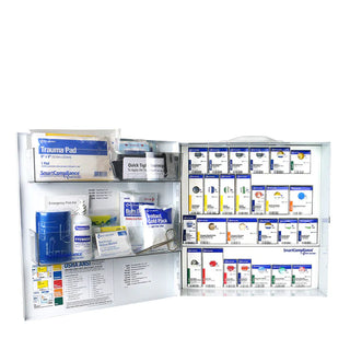 First aid cabinet with various medical supplies on a white background