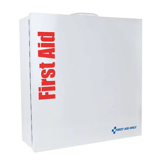 White first aid kit with red 'First Aid' text on a white background