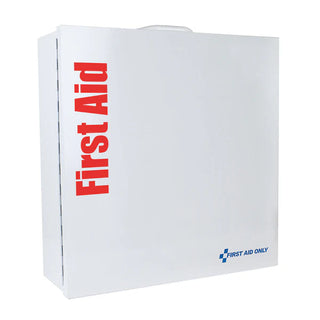 White first aid kit with red 'First Aid' text on a white background