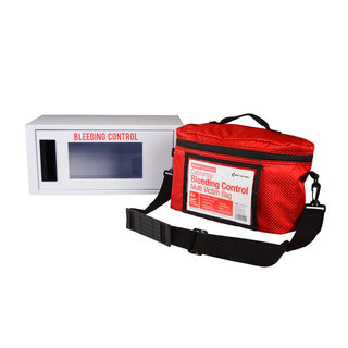 Red bleeding control bag with a white box on a white background