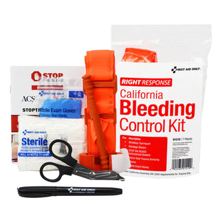 California Bleeding Control Kit with bandage, scissors, and other supplies on a white background