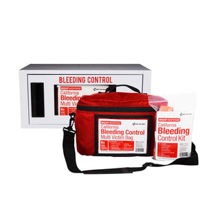 Red bleeding control kit with bag and packaging on a white background
