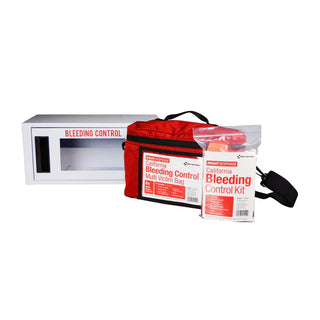 Bleeding control kit with red bag and packaging on a white background