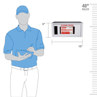 Measurement chart showing a person holding a box labeled 'Bleeding Control' with dimensions indicated.