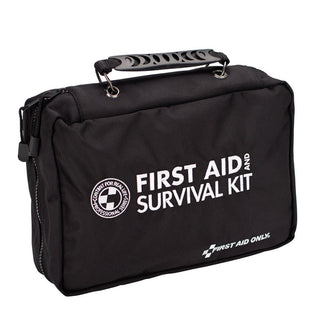 Black first aid survival kit with visible branding on a white background