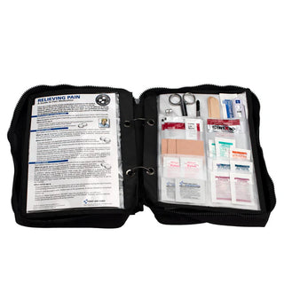 Open first aid kit with supplies on a white background