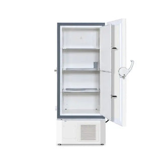White Follett FZR19-ULT-115/220, -86°C Ultra-Low Temperature VIP ECO Upright Freezer with digital display on a white background