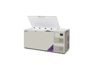 Cold storage freezer with open door on a white background