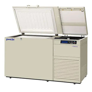 Follett FZRC8-220 Cryogenic -150 °C Ultra Low Temperature Chest Freezer with open doors on a white background