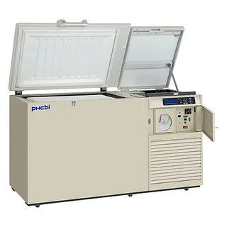 Follett FZRC8-220 Cryogenic -150 °C Ultra Low Temperature Chest Freezer with open doors on a white background, featuring the PHCBI logo.