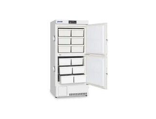 Follett FZRDCMD17 Dual Chamber Biomedical ECO Upright Freezer with open door on a white background