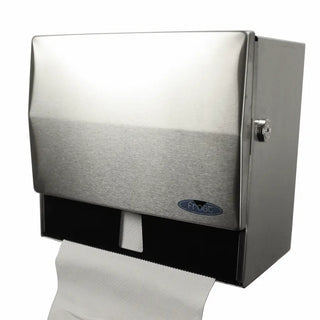 Wall-mounted Frost stainless steel universal manual paper towel dispenser with brushed stainless steel finish and front-loading access.