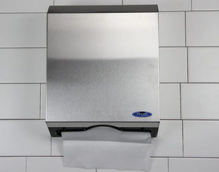 Wall-mounted Frost universal paper towel dispenser with brushed stainless steel front, keyed lock, and slim commercial design.