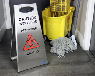 Frost 1119 stainless steel wet floor sign.
Frost 1119 folding stainless steel caution wet floor sign.
Commercial brushed stainless steel wet floor safety sign.
Heavy-duty indoor and outdoor wet floor sign by Frost.
Frost 1119 multilingual stainless steel safety sign.