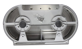 Frost universal jumbo double toilet tissue dispenser available in brushed stainless steel and white powder-coated steel finishes with dual-roll capacity.