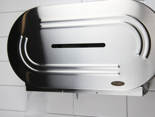 Frost universal jumbo double toilet tissue dispenser available in brushed stainless steel and white powder-coated steel finishes with dual-roll capacity.