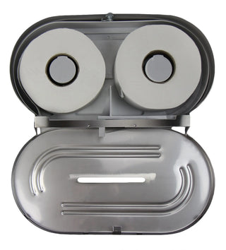 Frost universal jumbo double toilet tissue dispenser available in brushed stainless steel and white powder-coated steel finishes with dual-roll capacity.