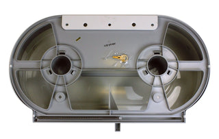 Frost universal jumbo double toilet tissue dispenser available in brushed stainless steel and white powder-coated steel finishes with dual-roll capacity.