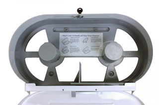 Frost universal jumbo double toilet tissue dispenser available in brushed stainless steel and white powder-coated steel finishes with dual-roll capacity.