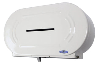 Frost universal jumbo double toilet tissue dispenser available in brushed stainless steel and white powder-coated steel finishes with dual-roll capacity.