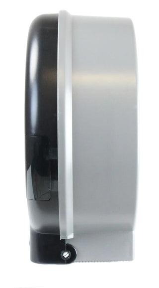 Frost 171-P universal jumbo double toilet tissue dispenser with black polycarbonate cover, clear viewing window, and dual-roll capacity.