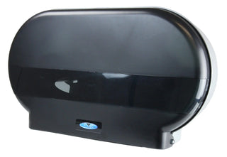 Frost 171-P universal jumbo double toilet tissue dispenser with black polycarbonate cover, clear viewing window, and dual-roll capacity.