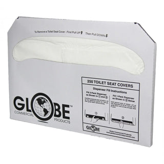 Case of Frost 199-2500 biodegradable disposable half-fold toilet seat covers containing 10 packs of 250 covers for commercial dispensers.