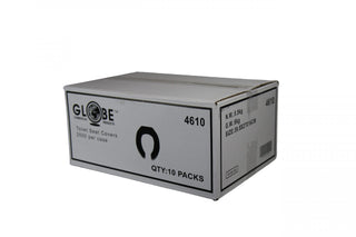 Case of Frost 199-2500 biodegradable disposable half-fold toilet seat covers containing 10 packs of 250 covers for commercial dispensers.
