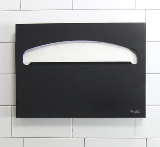 Wall-mounted Frost 199-BLK matte black toilet seat cover dispenser for standard half-fold seat covers in commercial restrooms.