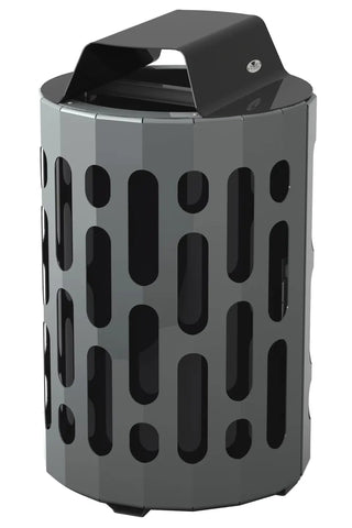 Frost 2020-BLACK Stingray outdoor steel waste receptacle with black lid, grey body, and heavy-duty polyethylene liner for commercial outdoor spaces.